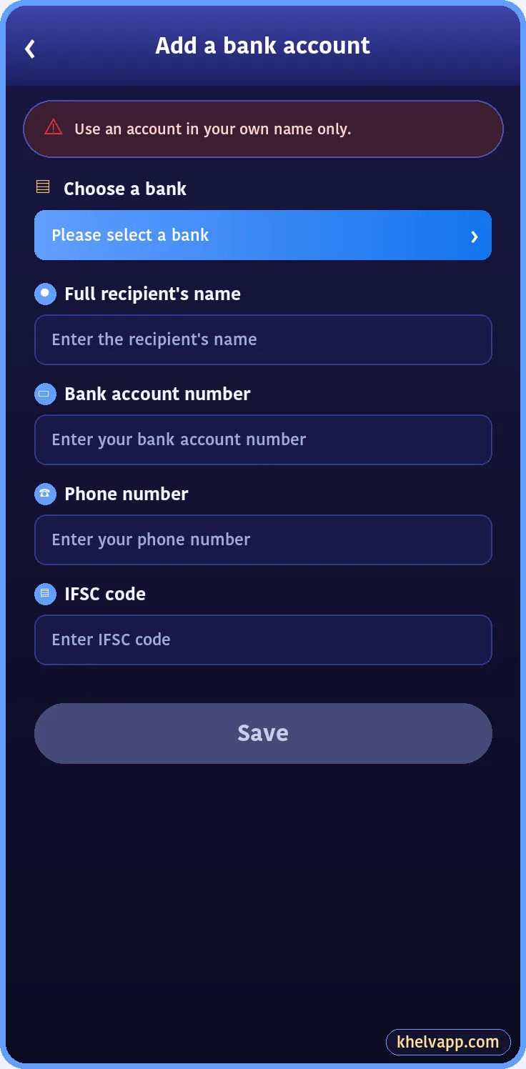 Khelv add bank account